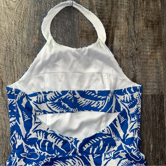 PARKER blue / white tropical print ruffled halterneck mini dress S - Picture 9 of 11